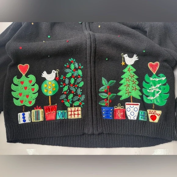Sarah Bentley Christmas Zip Up Cardigan Trees Gifts Beads Embroidered Medium - Picture 3 of 10